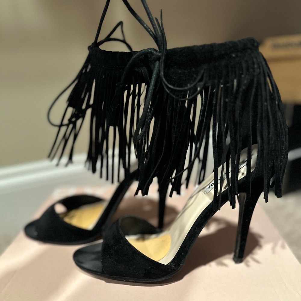 Black fringe heels